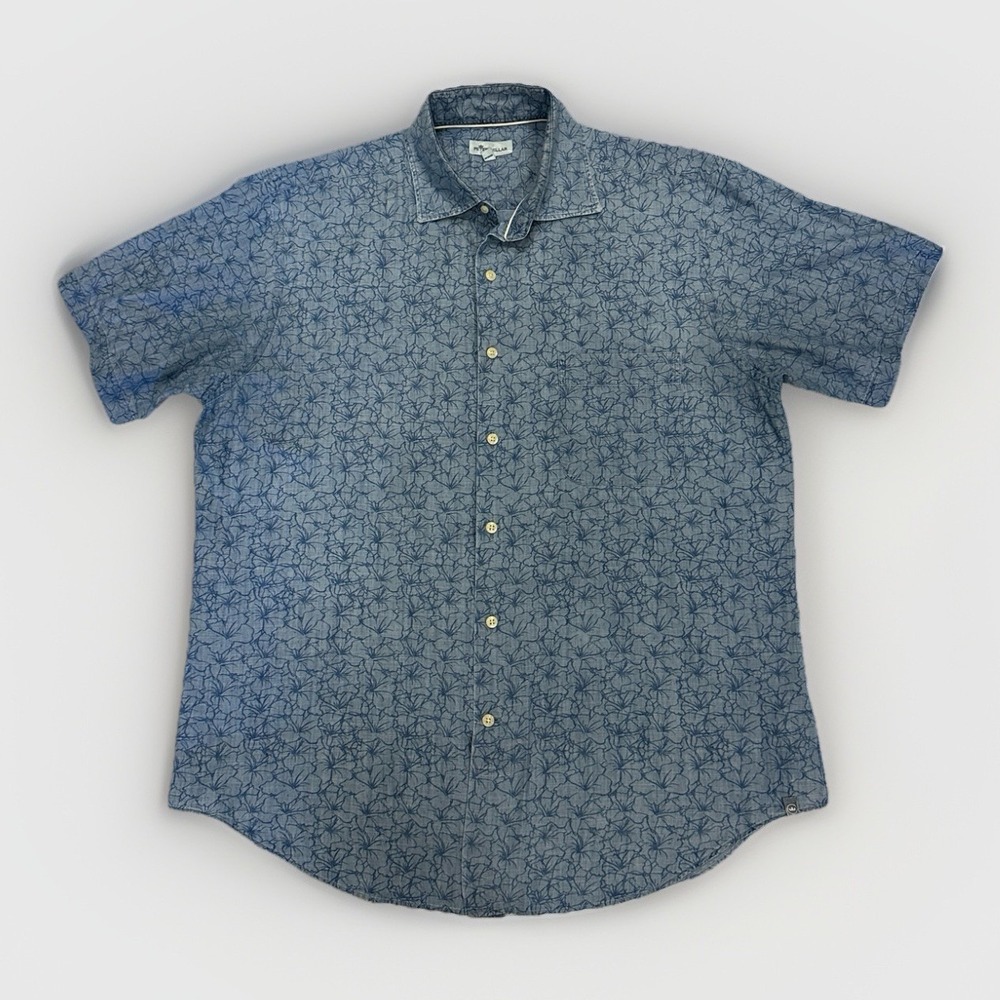 Peter Millar Crown Crafted Shirt Mens L Short Sleeve Blue Floral Button Up‎ EUC